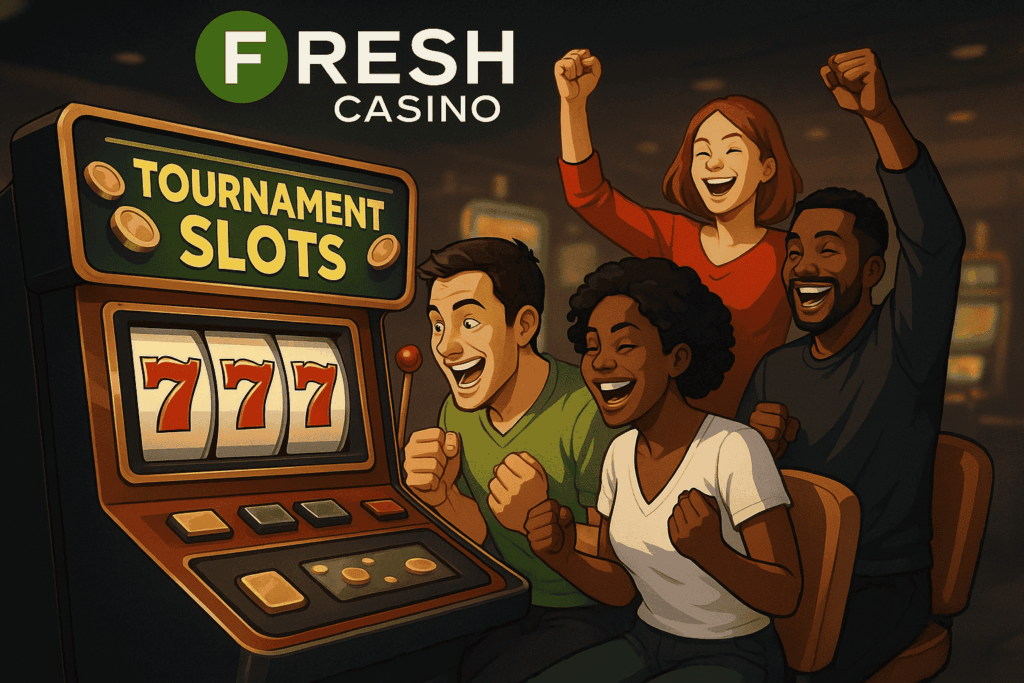 Players celebrating a jackpot win at Fresh Casino tournament slots