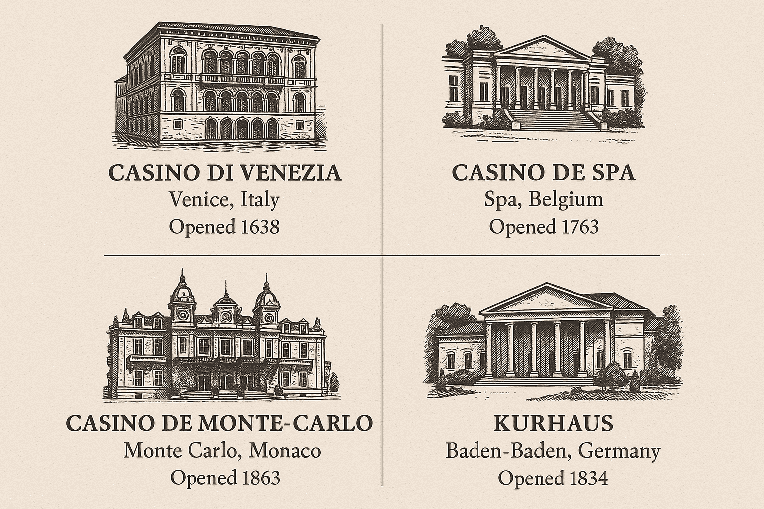 Sketch-style illustration of four historic casinos: Casino di Venezia in Italy, Casino de Spa in Belgium, Casino de Monte-Carlo in Monaco, and Kurhaus in Germany, each labeled with location and year opened.