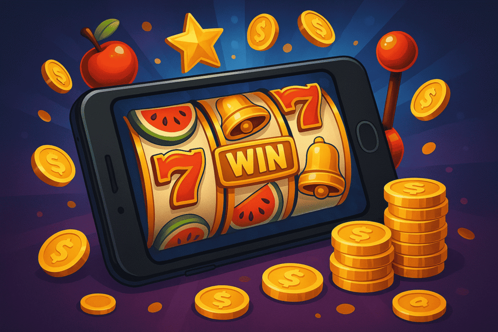 Mobile slot machine on a smartphone with winning symbols and gold coins