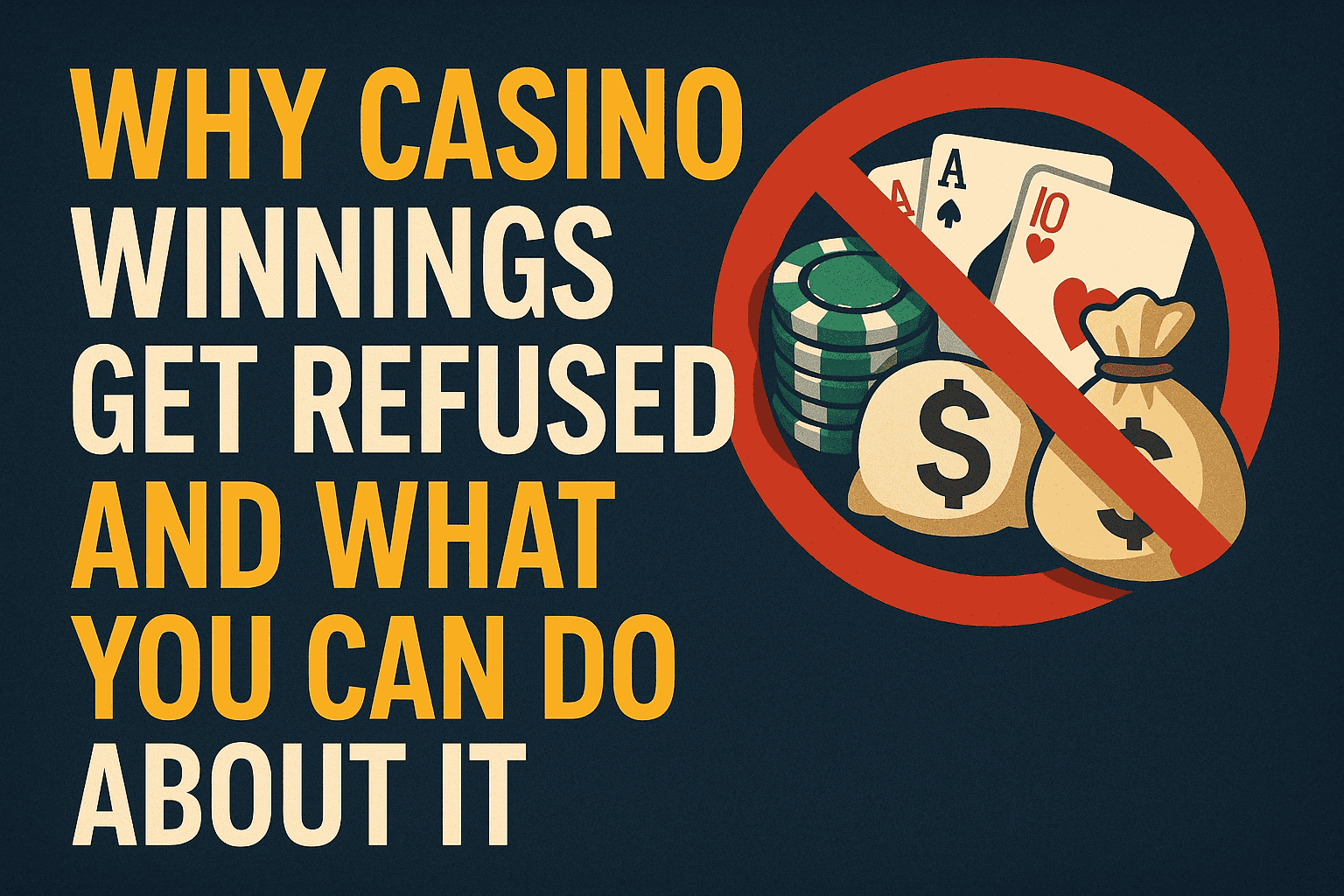 Bold text stating "Why casino winnings get refused and what you can do about it" next to crossed-out gambling icons