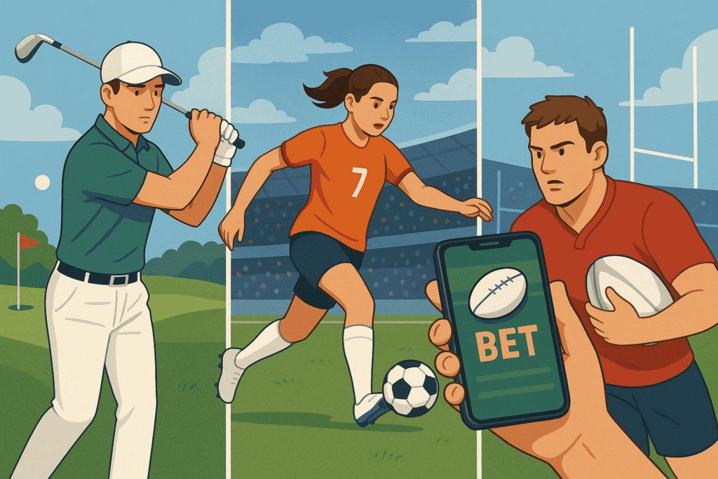 Illustration of three sports players – a golfer, a female footballer, and a rugby player – with a smartphone in the foreground showing a “BET” screen.