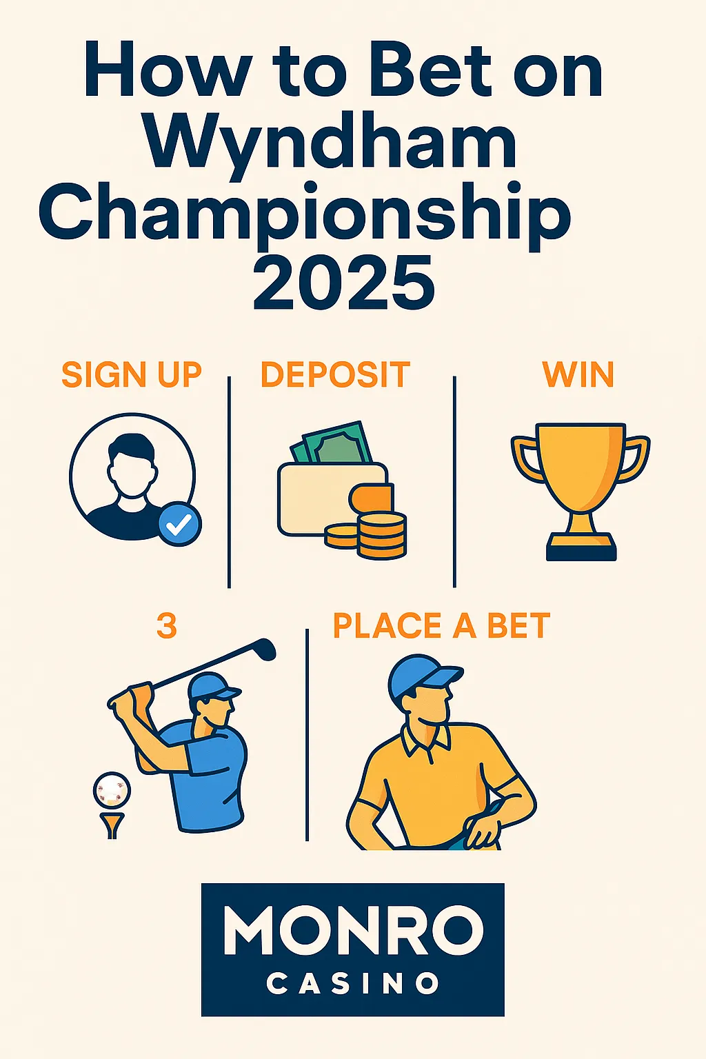 A 4-step betting guide infographic for Wyndham Championship 2025, featuring icons for signup, deposit, placing a bet, and winning, with Monro Casino branding.