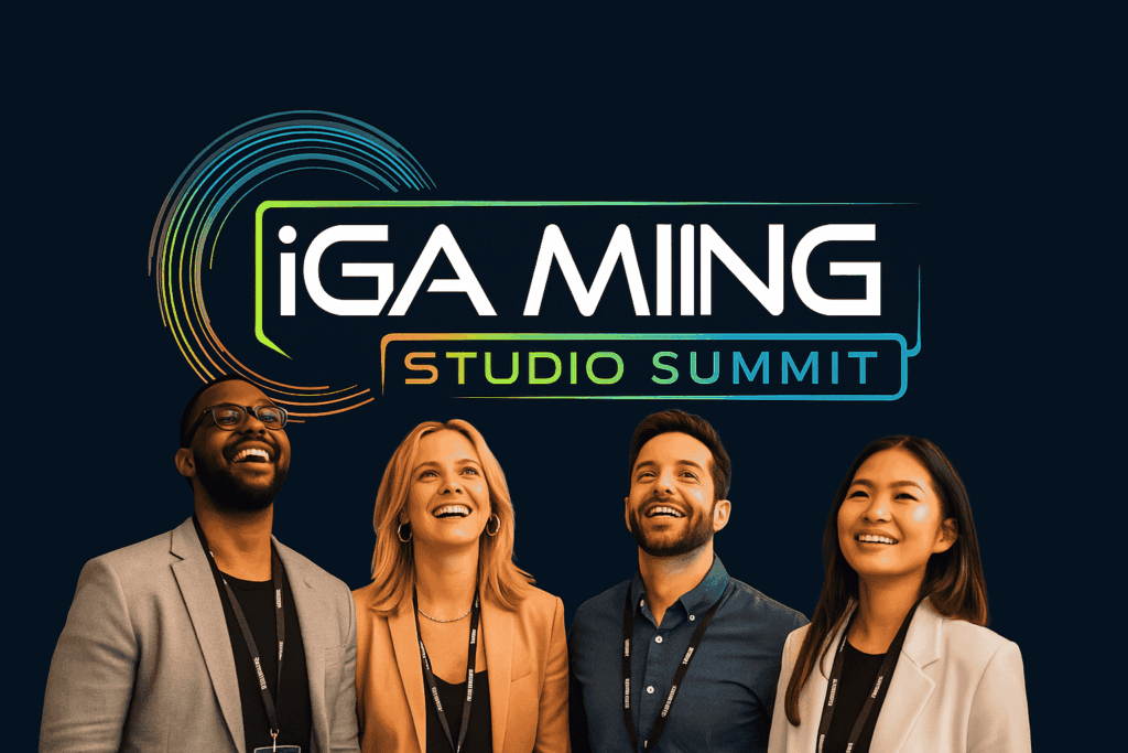 Smiling professionals under the iGaming Studio Summit logo