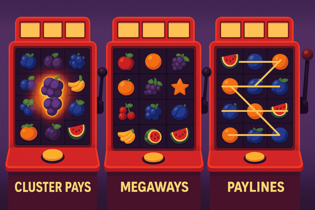 Three slot machines showing Cluster Pays, Megaways, and Paylines mechanics side by side