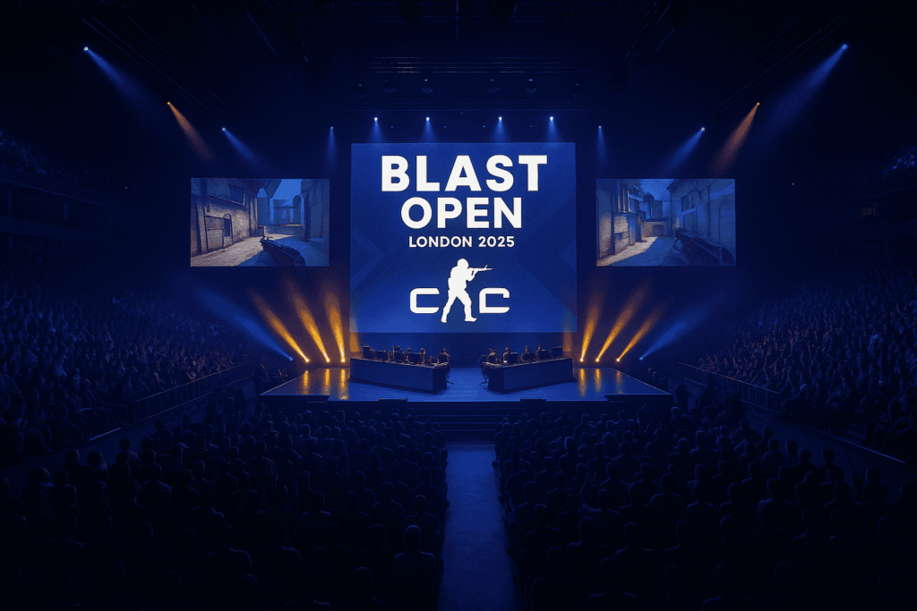 BLAST Open London 2025 stage with Counter-Strike 2 teams competing in front of a packed arena.