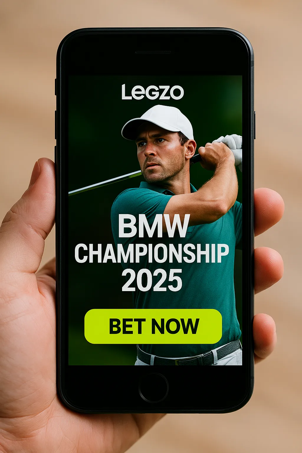 Smartphone ad showing BMW Championship 2025 betting promo with Legzo Casino branding and a golfer mid-swing.