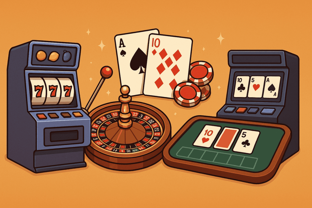 Illustration of popular beginner casino games including slots, roulette, blackjack, and poker