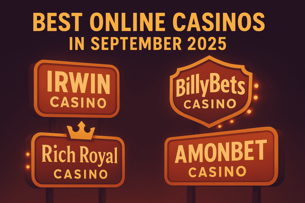 Graphic showing top casinos of September 2025 including Irwin, BillyBets, Rich Royal, and AmonBet.