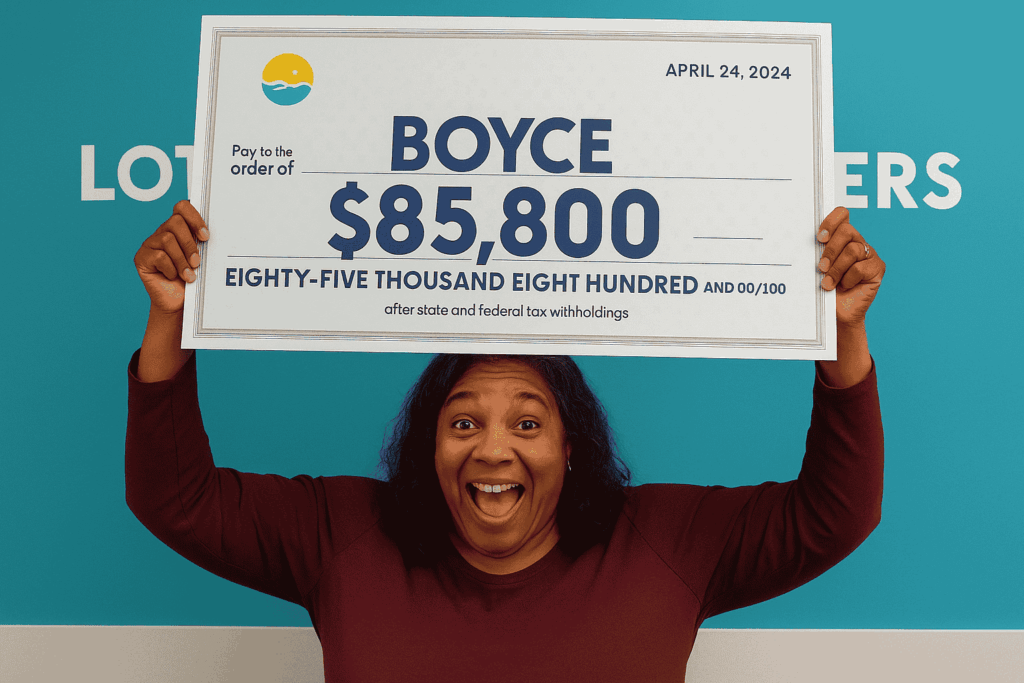 A joyful woman holding a large ceremonial check for $85,800 after winning the lottery, smiling widely against a teal background.