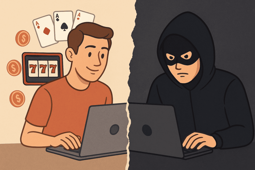 Illustration of an honest online casino player on the left and a masked cheater on the right, separated by a torn line.