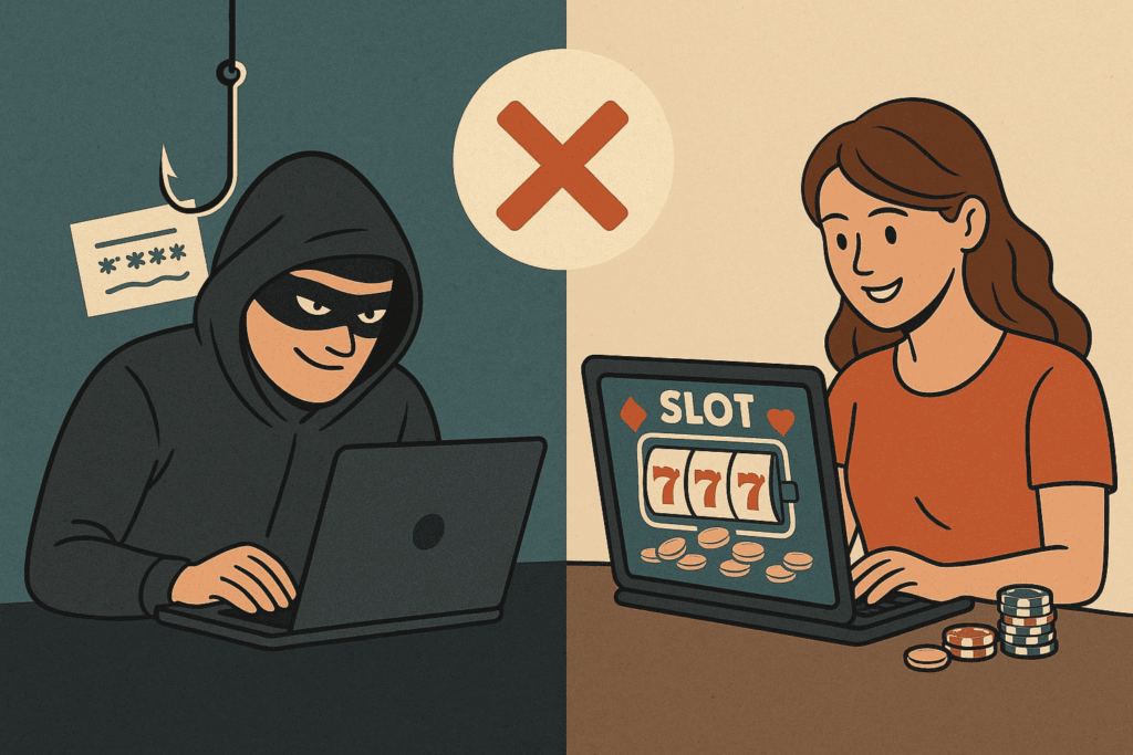 Illustration showing a masked hacker on the left and a happy woman playing an online slot game on the right, symbolizing cheating versus fair play in online casinos.