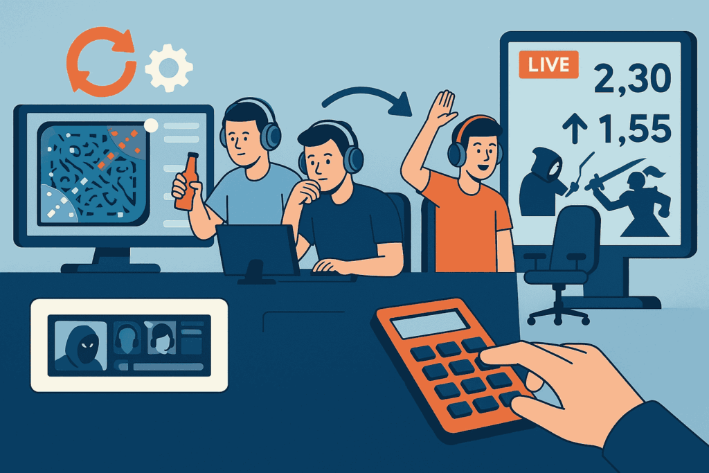 Illustration of an esports commentary team analyzing a live match with changing betting odds on screen.