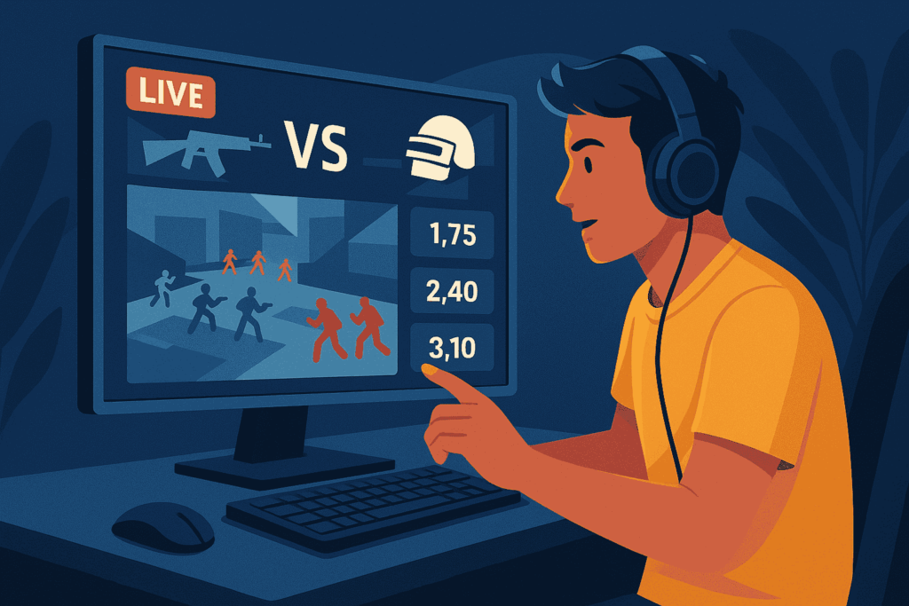 Gamer placing live esports bets while watching an FPS match with real-time odds displayed on screen.