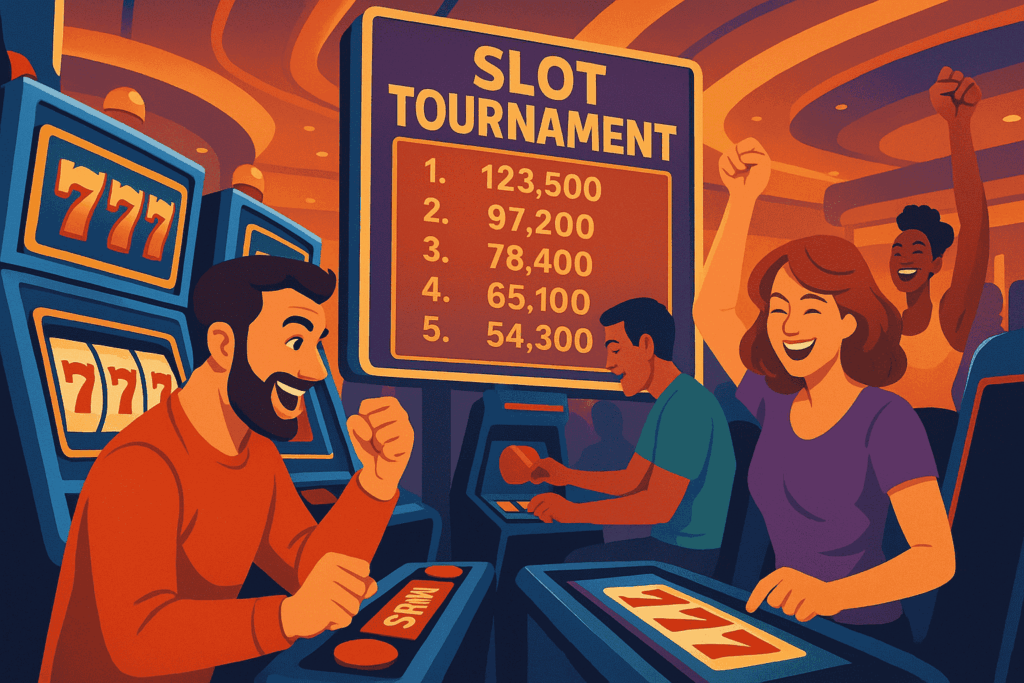 A group of players celebrate during a slot tournament, with a leaderboard showing top scores in the background. A man in a red shirt cheers while a woman in a purple shirt raises her arms in victory.