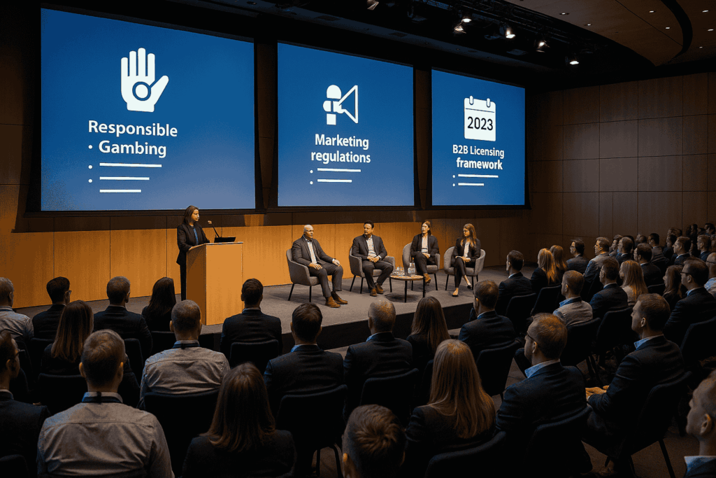 Panel discussion at Finnish iGaming Events 2025, with five speakers addressing topics like responsible gambling, marketing regulations, and B2B licensing framework in front of a seated audience.