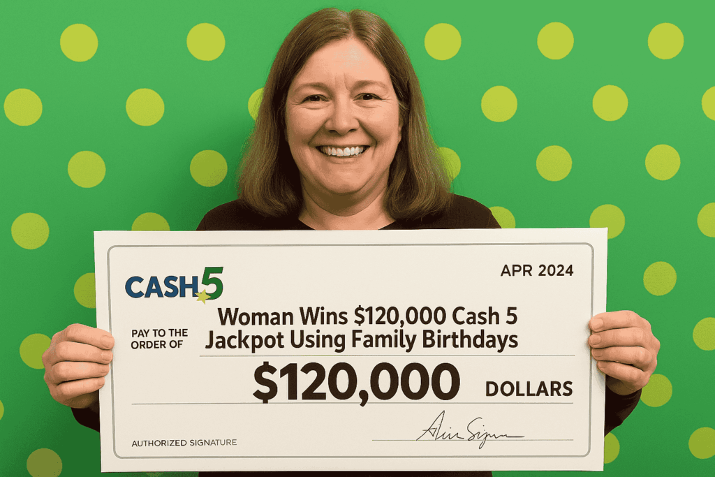Smiling woman holding a ceremonial check for $120,000 Cash 5 jackpot against a green background with yellow polka dots.