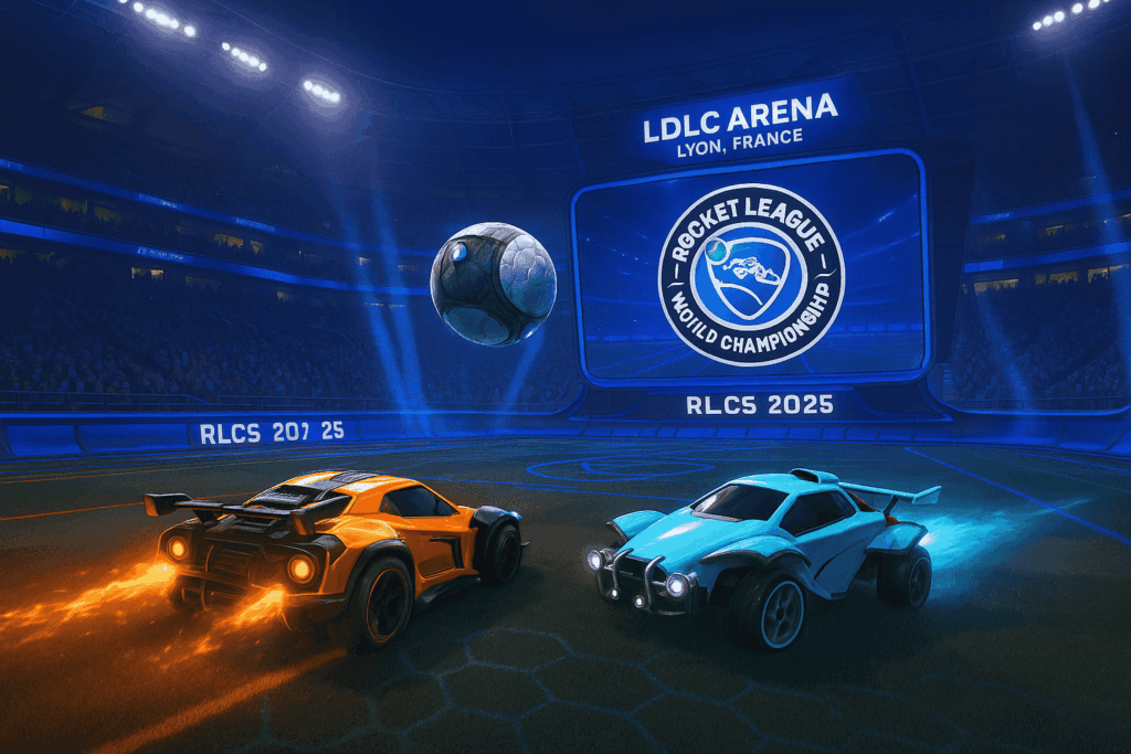 Rocket League World Championship 2025 match promo at LDLC Arena in Lyon, with orange and blue cars chasing the ball.
