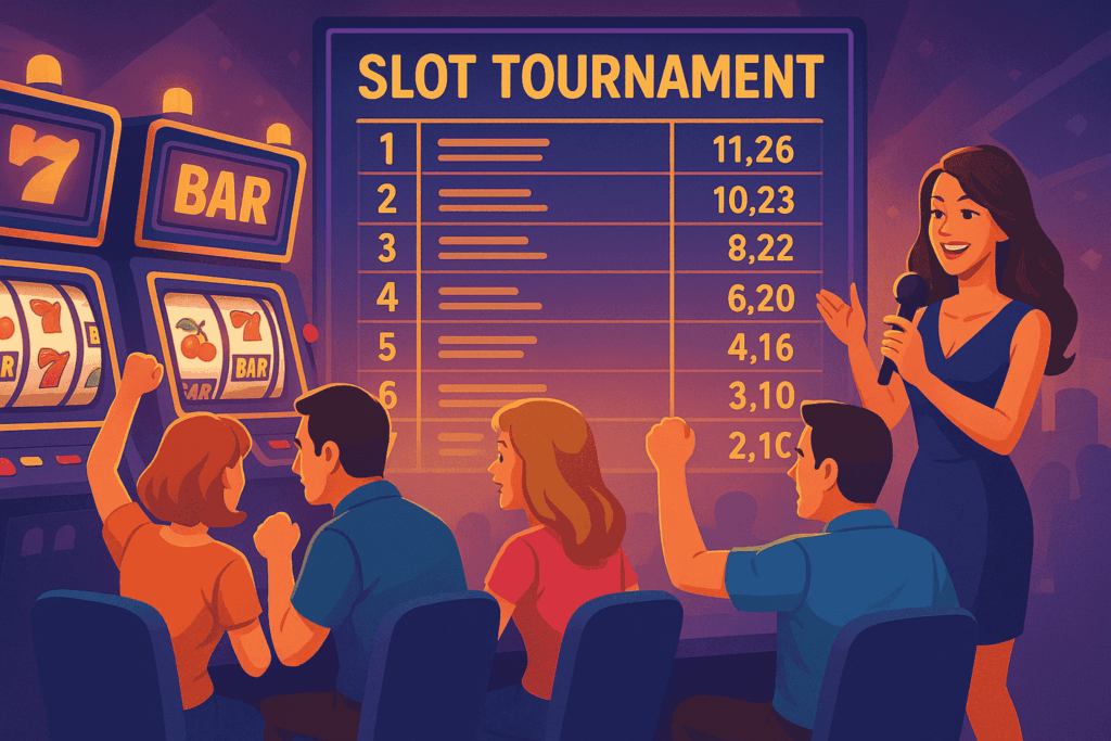 A lively slot tournament scene with players seated at slot machines, cheering as a female host announces results from a leaderboard.