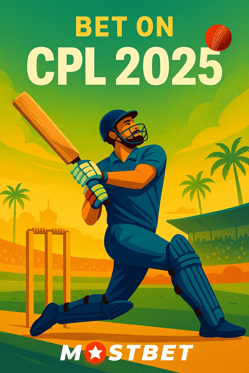 Vertical promotional poster for CPL 2025, sponsored by Mostbet. Features a cricket batsman in blue uniform swinging at a ball, with palm trees and a Caribbean stadium in the background, all in vibrant sunset tones.