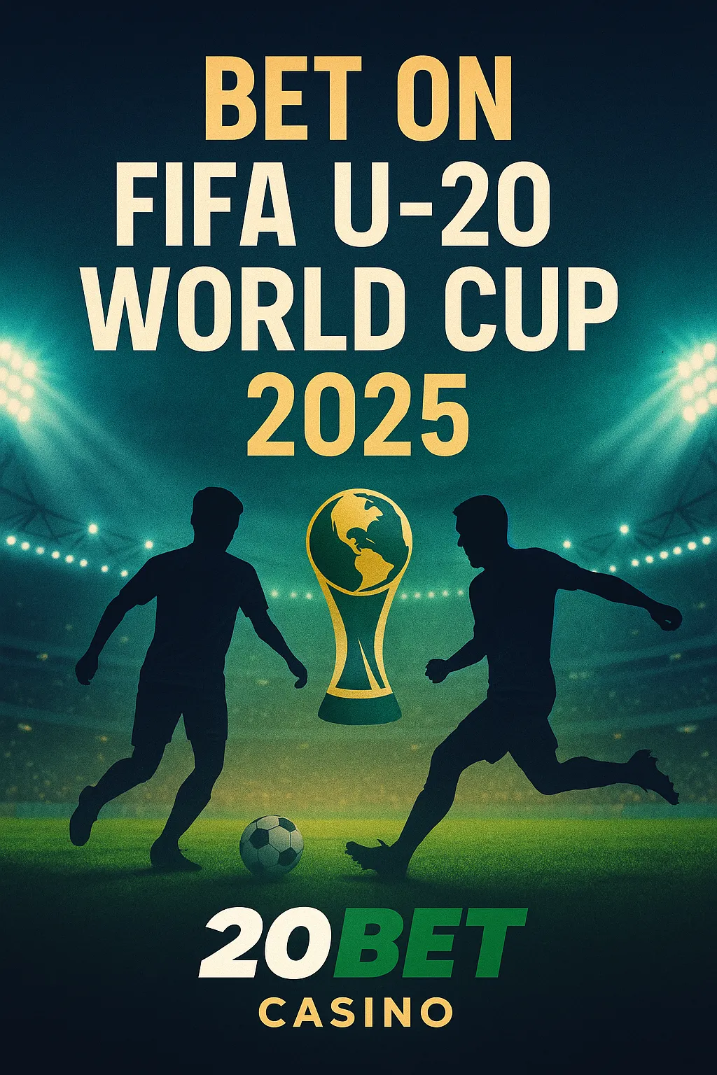 Vertical promotional poster for FIFA U-20 World Cup 2025, sponsored by 20Bet Casino. Features a glowing stadium, two young football silhouettes in action, a golden trophy, and bold text “Bet on FIFA U-20 World Cup 2025.” 20Bet Casino branding at the bottom.