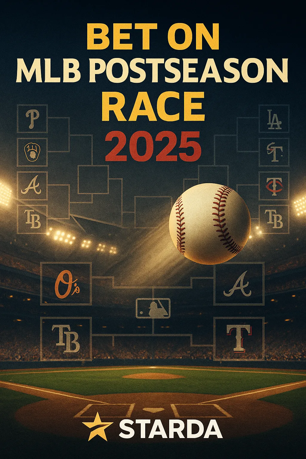 Vertical poster for “Bet On MLB Postseason Race 2025,” sponsored by Starda. Features a baseball mid-flight with glowing stadium lights, postseason bracket outlines in the background, and bold yellow/red typography. Starda branding is displayed at the bottom.