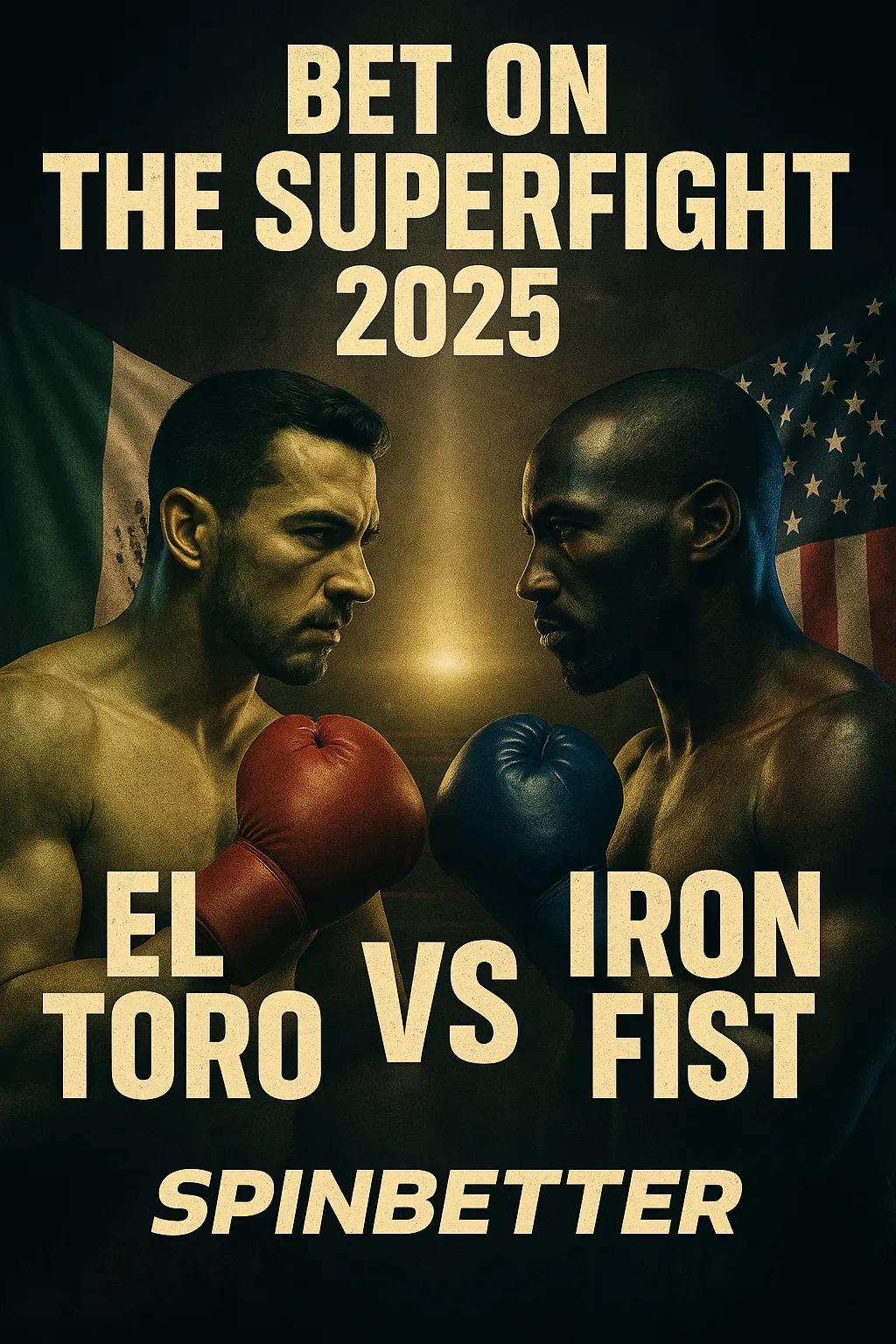 Vertical promotional poster for The Superfight 2025, sponsored by SpinBetter. Features two fictional fighters, El Toro (Mexico, red gloves) and Iron Fist (USA, blue gloves), in a dramatic face-off with Mexican and American flags behind them. Bold cream text announces “Bet on The Superfight 2025.