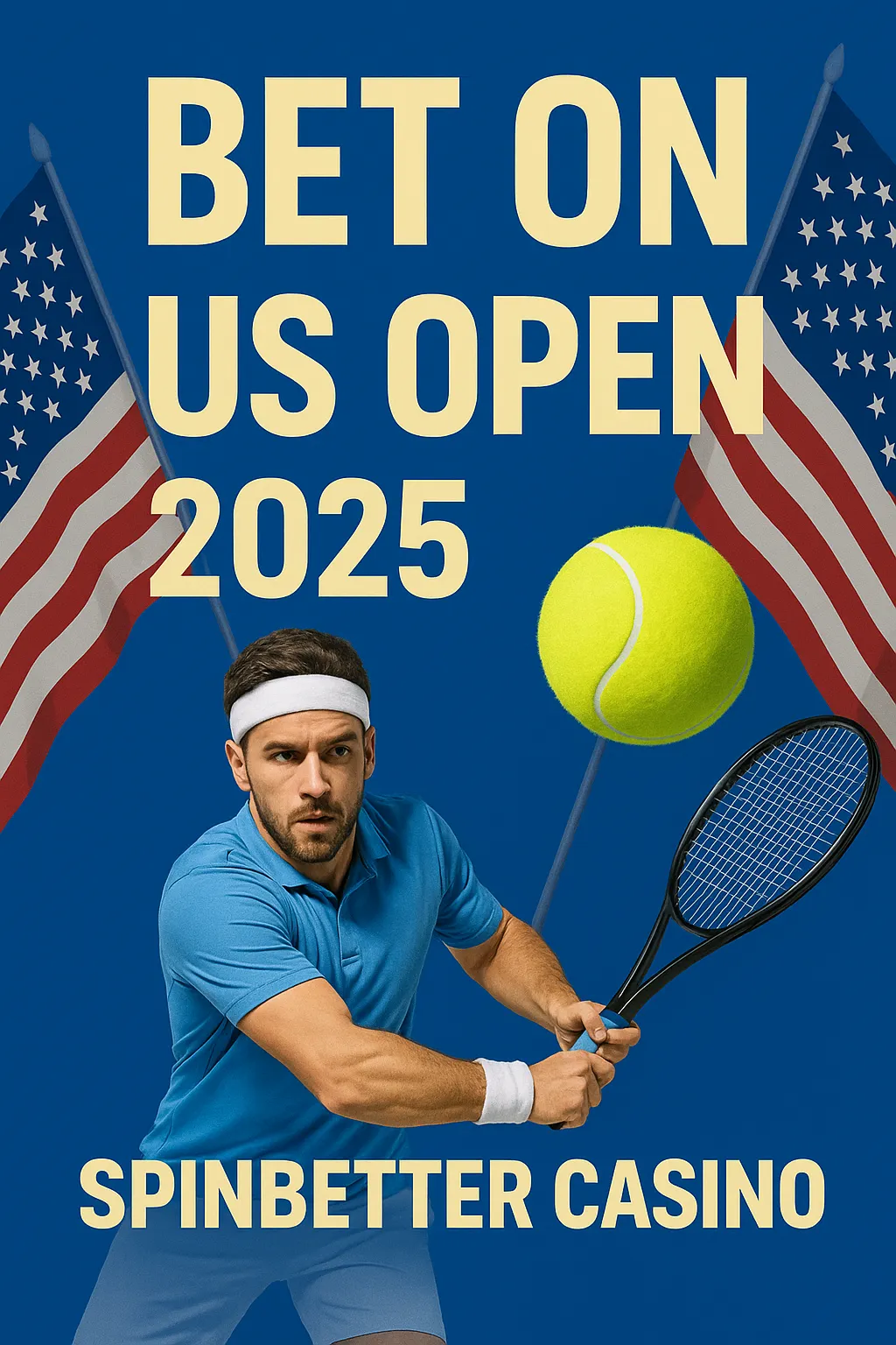 Vertical promotional poster for betting on the 2025 US Open, sponsored by SpinBetter Casino. Features an action shot of a male tennis player in mid-swing, two American flags, a large tennis ball, and bold text reading "Bet on US Open 2025."
