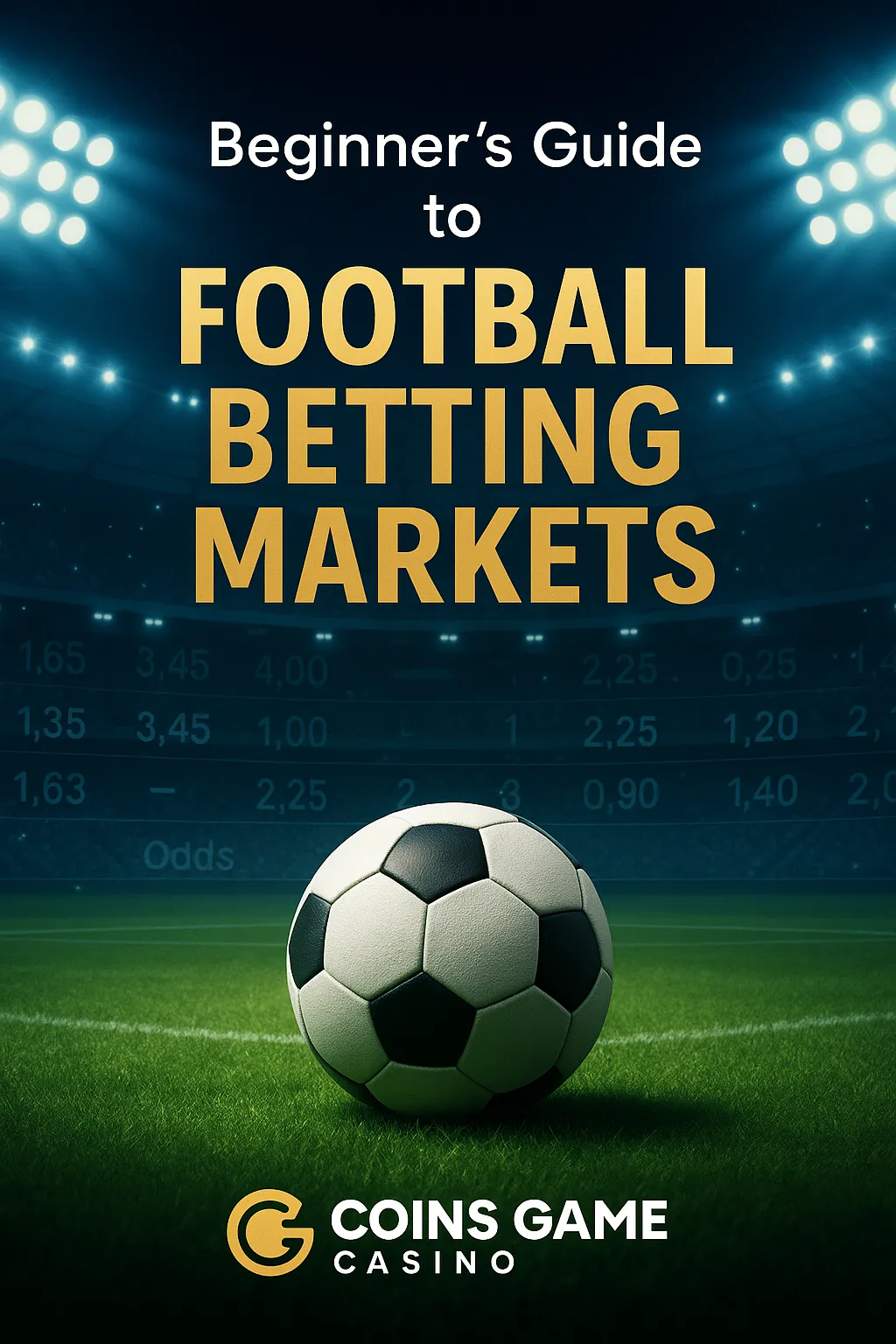 Promo poster for Coins Game Casino guide 'Beginner’s Guide to Football Betting Markets' featuring football stadium under lights, betting odds overlay, and a ball on the pitch with Coins Game Casino branding.