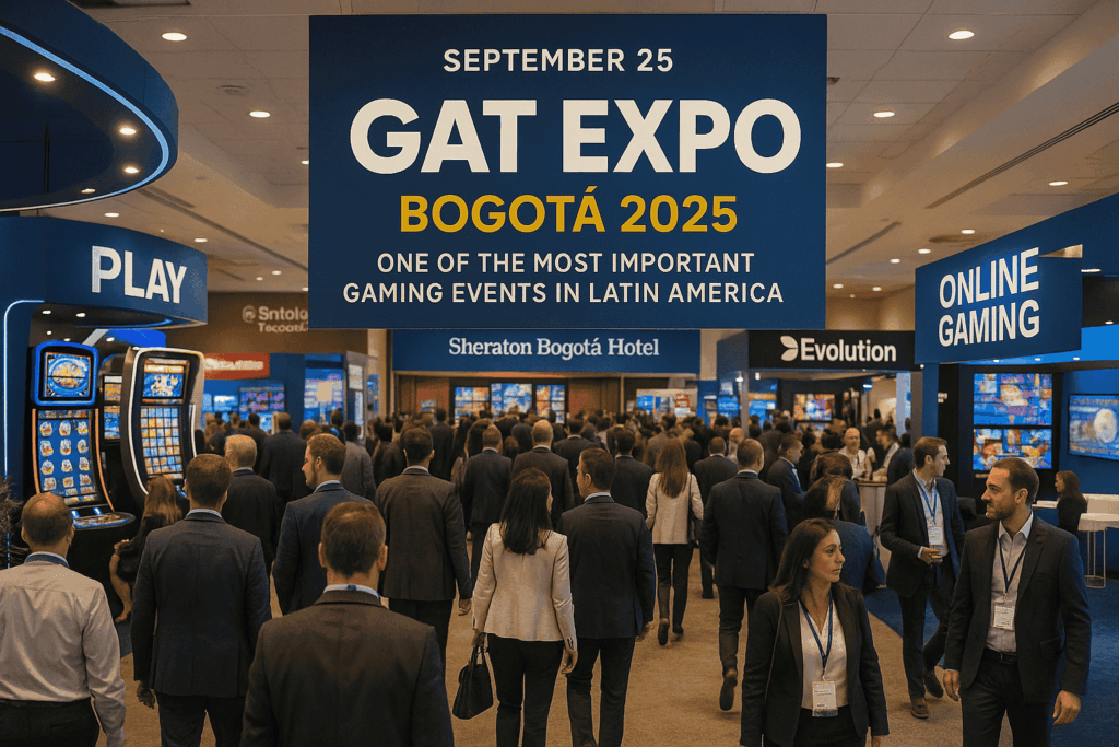 Crowd walking through exhibition hall at GAT Expo Bogotá 2025 with gaming booths and banners.