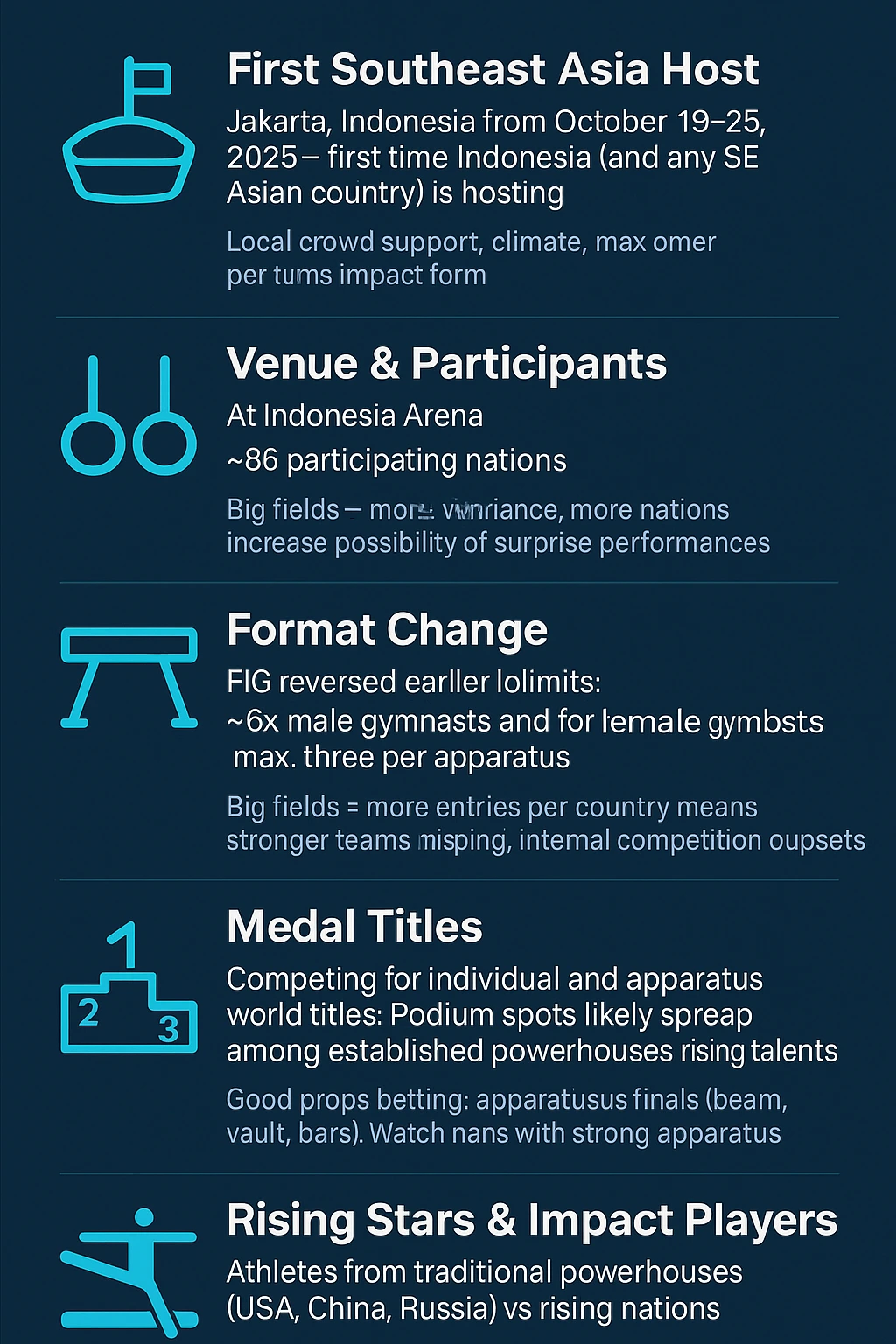 Vertical infographic for the 2025 World Artistic Gymnastics Championships, showing five key facts and betting insights with apparatus icons and Irwin Casino branding.