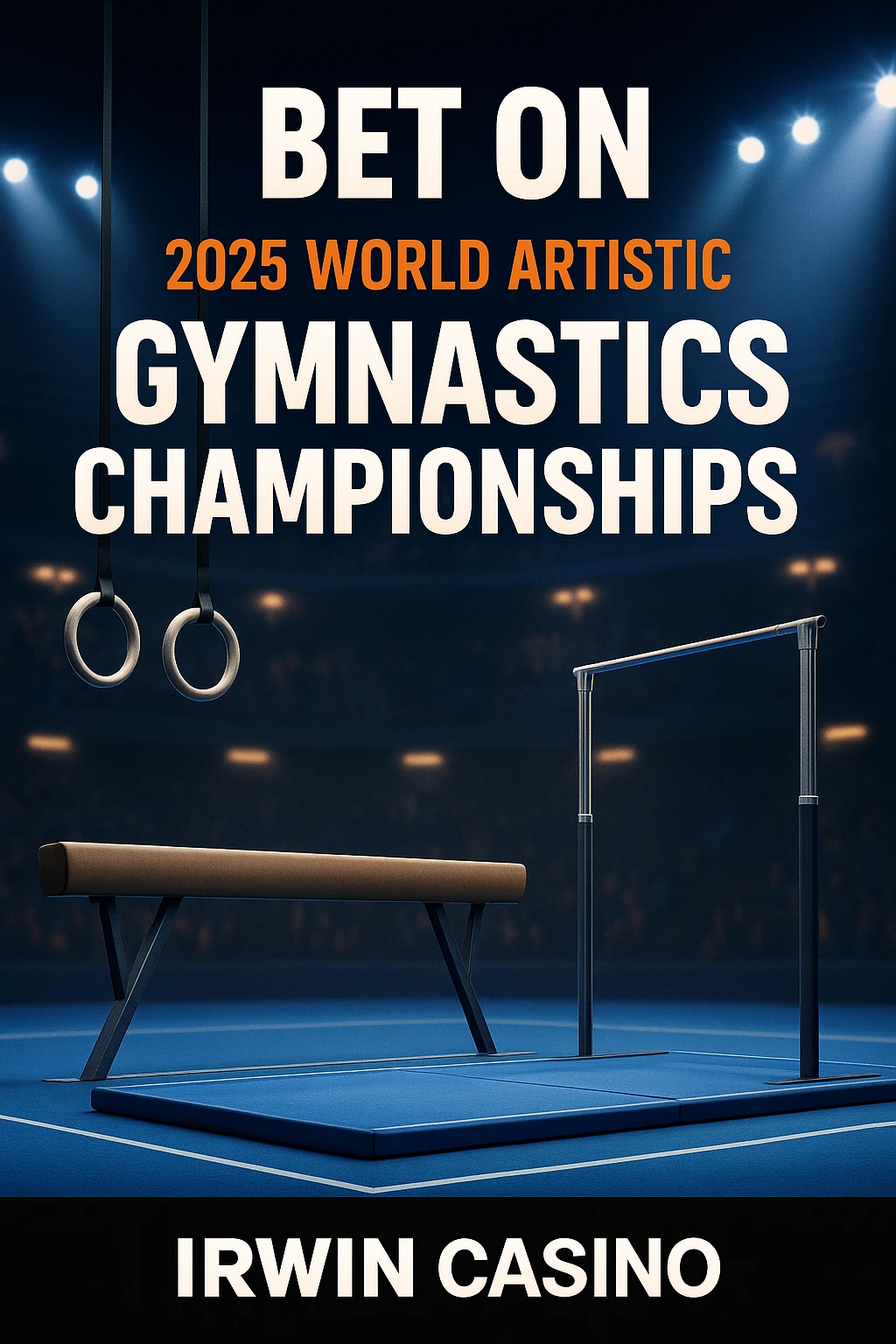 Promotional poster for betting on the 2025 World Artistic Gymnastics Championships, featuring rings, balance beam, and parallel bars in a dramatic arena with Irwin Casino branding.