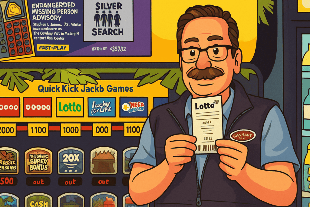 Cartoon illustration of a Crown Mart employee holding a winning Illinois Lotto ticket in front of a colorful lottery machine.
