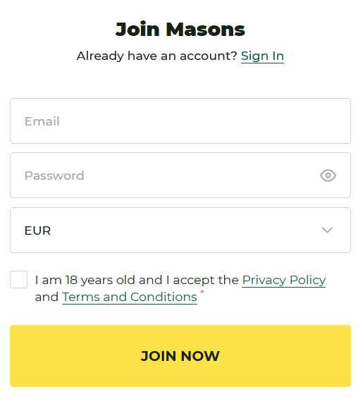 Mason Slots Casino login page