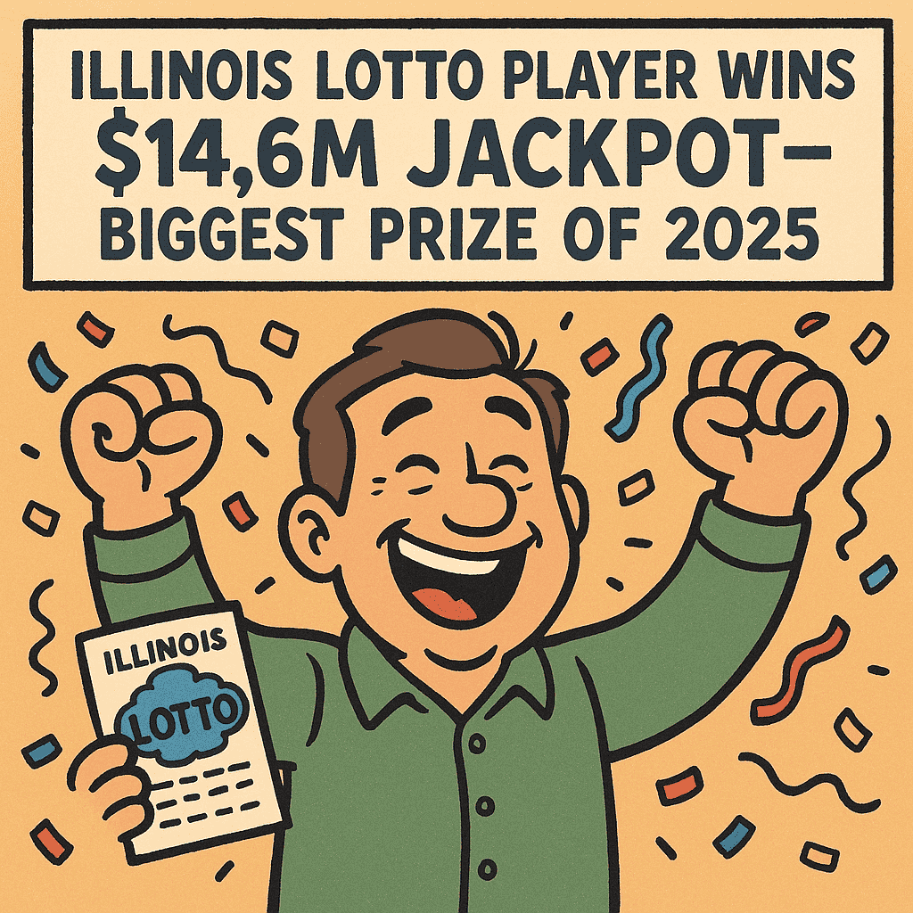 Cartoon illustration of a happy Illinois Lotto player celebrating after winning the $14.6 million jackpot, holding a winning ticket with confetti falling around.