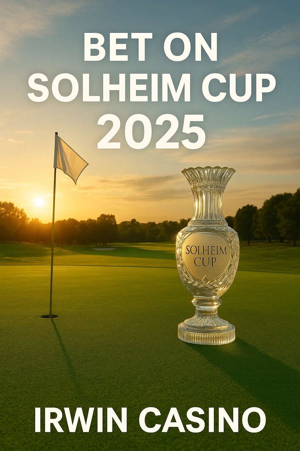 Promotional poster for betting on the Solheim Cup 2025, featuring the crystal Solheim Cup trophy on a golf green at sunset with Irwin Casino branding.