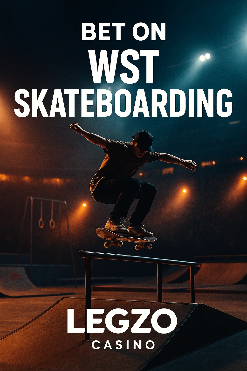 Promotional poster for betting on WST Skateboarding 2025, featuring a skateboarder mid-air over a rail in a dramatic arena with bold event text and Legzo Casino branding.