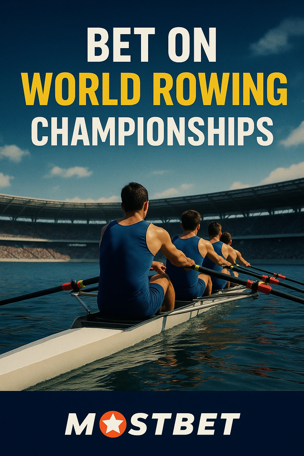 Promotional poster for betting on the World Rowing Championships 2025, featuring rowers in action on calm water inside a stadium, with MostBet branding.