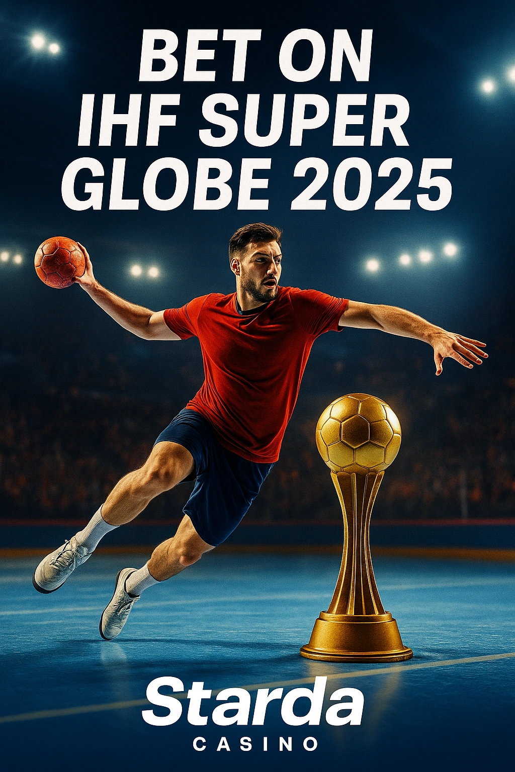 Promotional poster for IHF Super Globe 2025 with Starda Casino branding, showing a handball player leaping mid-shot toward the golden Super Globe trophy under bright arena lights.