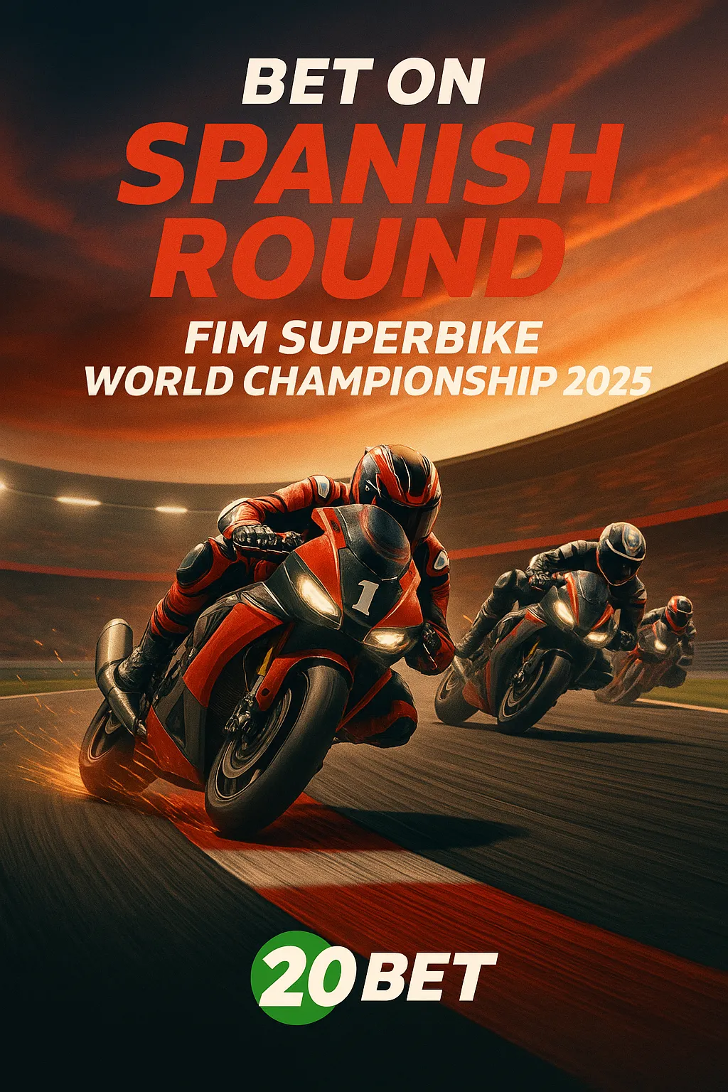 Vertical poster for Spanish Round – FIM Superbike World Championship 2025, sponsored by 20Bet Casino. Features superbikes leaning into a corner with sparks flying, racetrack background, and bold text “Bet on Spanish Round – Superbike World Championship 2025.” 20Bet Casino branding at the bottom.