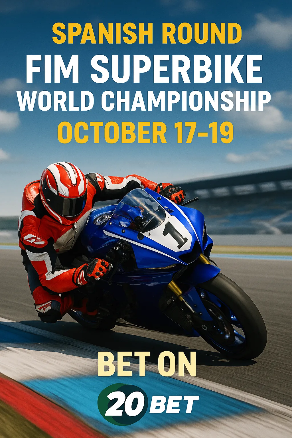 Square thumbnail for Spanish Round – FIM Superbike World Championship 2025, sponsored by 20Bet Casino. A superbike leans aggressively into a corner on a racetrack. Bold text reads “Spanish Round – WSBK 2025, Oct 17–19” with 20Bet Casino branding at the bottom.