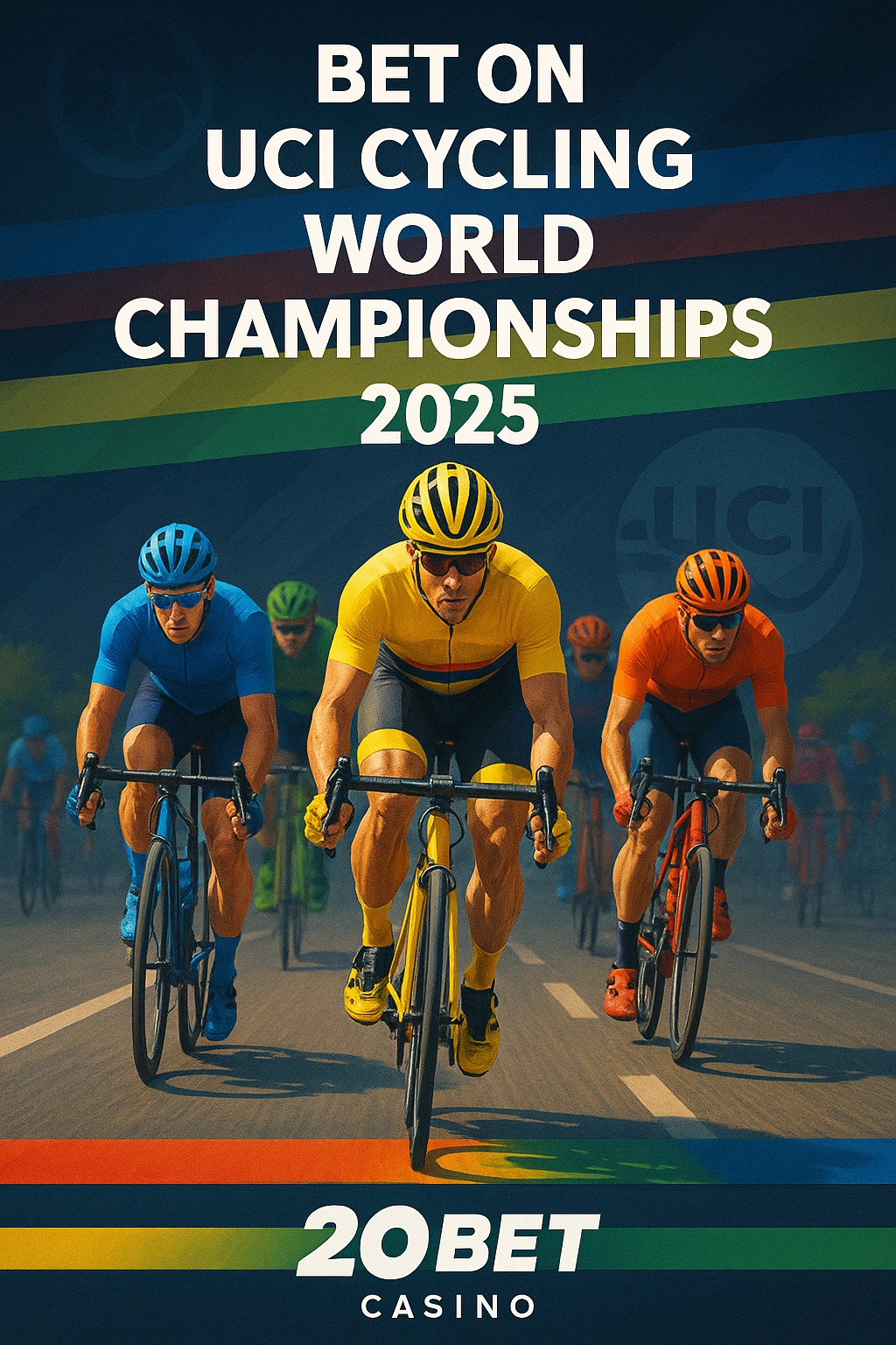 Promotional poster for UCI Cycling World Championships 2025 with 20Bet Casino branding, showing a vivid peloton sprint with cyclists in colorful jerseys against rainbow stripes inspired by the UCI design.