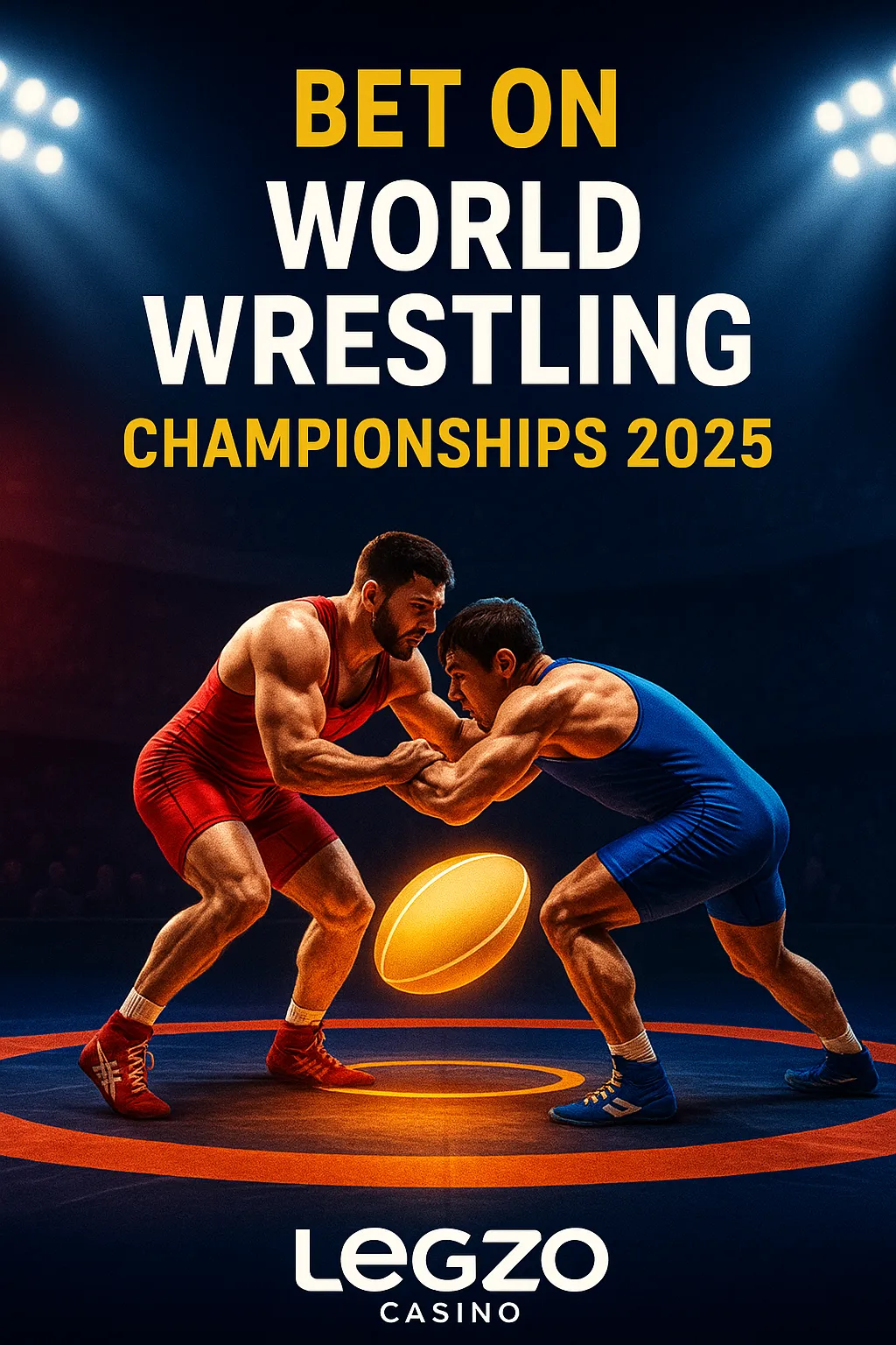 Vertical poster for World Wrestling Championships 2025, sponsored by Legzo Casino. Two wrestlers in red and blue singlets grapple on a glowing circular wrestling mat under arena lights. Bold text reads “Bet on World Wrestling Championships 2025” with Legzo Casino branding at the bottom.