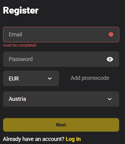 BetiBet Casino sign up form
