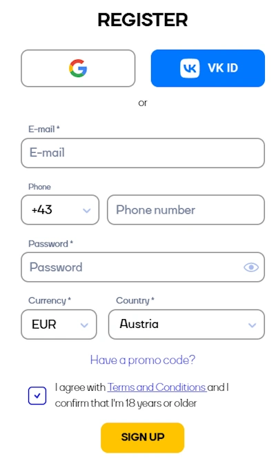 Cat Casino registration form