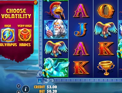 game screen with reels and volatility choice