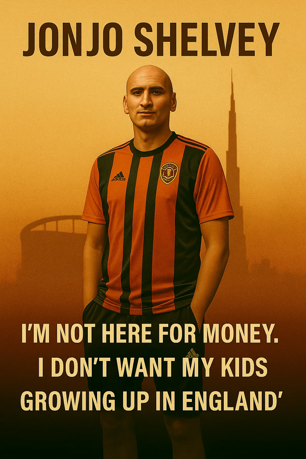 Poster featuring Jonjo Shelvey in Dubai with headline: “I’m Not Here for Money. I Don’t Want My Kids Growing Up in England,” set against a warm desert–city skyline with football elements.