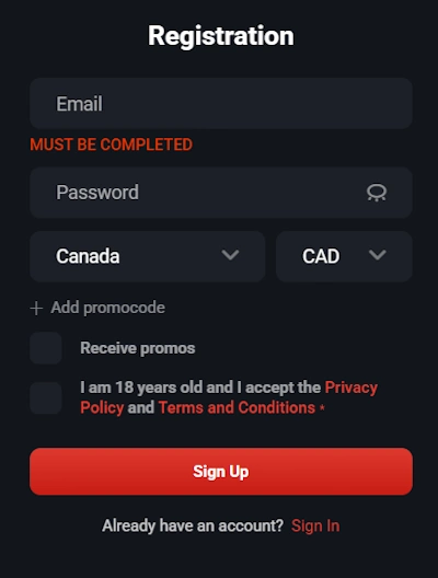 LamaBet Casino sign up form