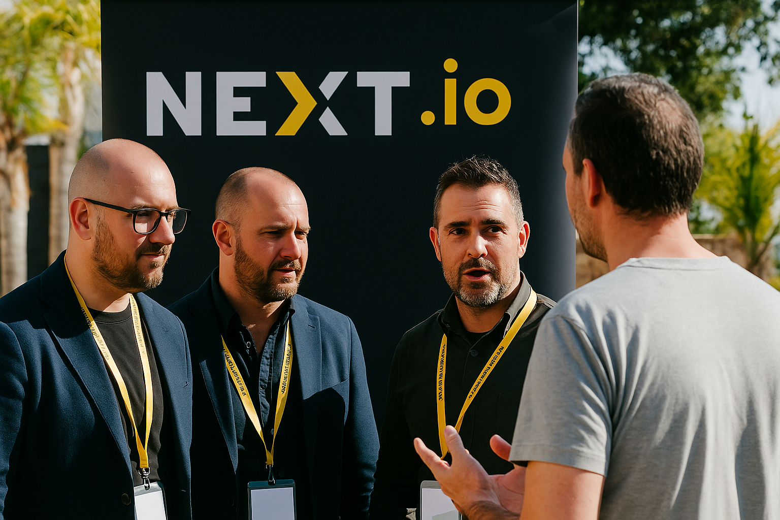 Attendees networking at NEXT Retreat Europe 2025 rooftop session in Cyprus.