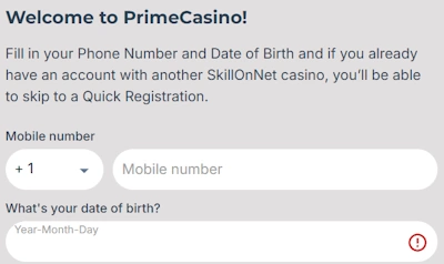 Prime Casino registration form