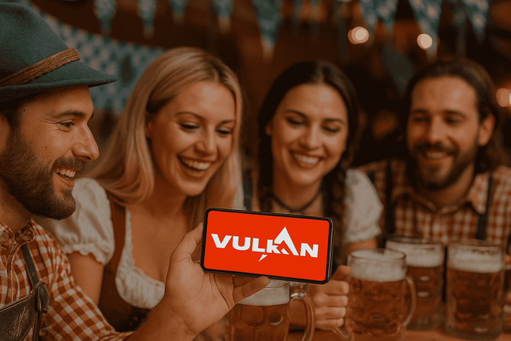 Group of friends in traditional Bavarian outfits enjoying beer while one person shows the Vulkan Spiele Casino logo on a smartphone screen.
